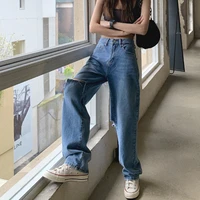 2021 new summer women high waist straight jeans street style casual ripped hole jeans female blue washed loose pop denim pants