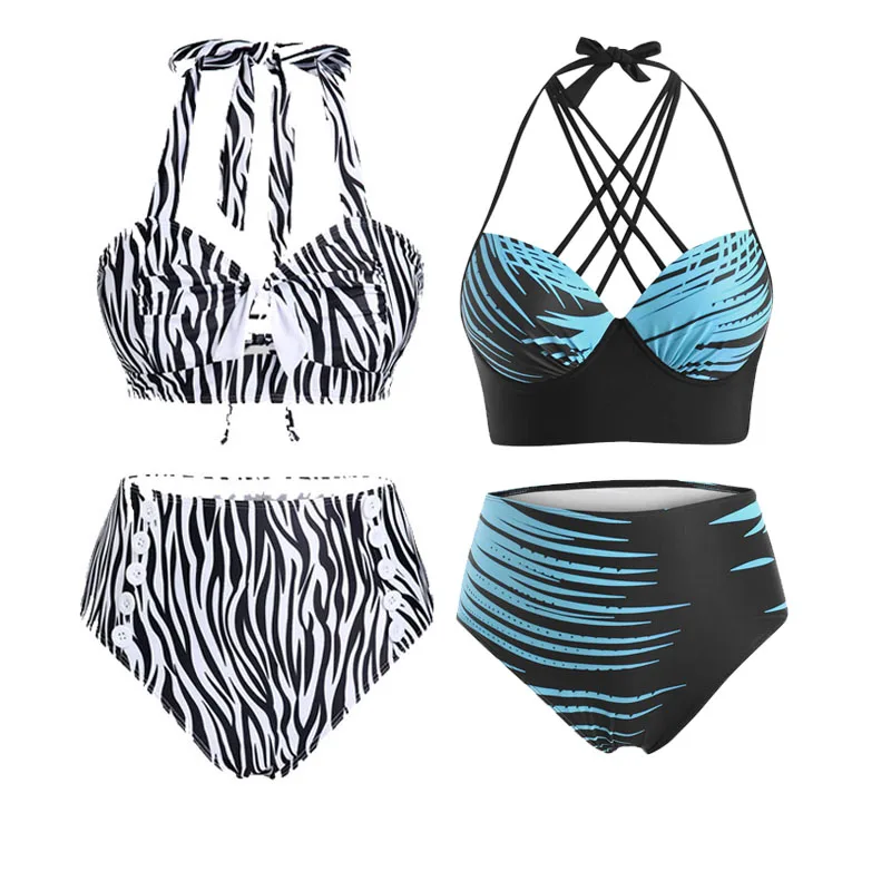 

Women's Halter Can Adjust Knot Two Piece High Waist Print Bottom With Button Tummy Control Back Drawing Easy Diy Bikini Boath
