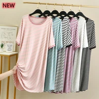 summer sexy stripe nightgown for women elastic casual nightdress womens cotton round neck short sleeve nightwear fashion