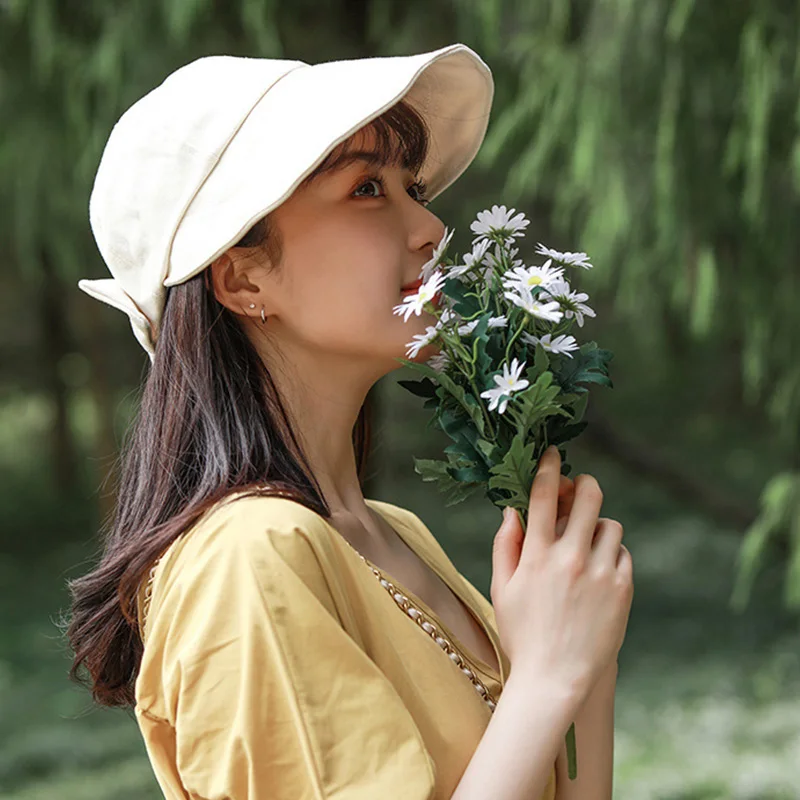

Cotton Summer Foldable Bucket Hat Women Outdoor Sunscreen Hat Wide Brim Fishing Cap Bowknot Beach Visors Cap Sun Protectiion
