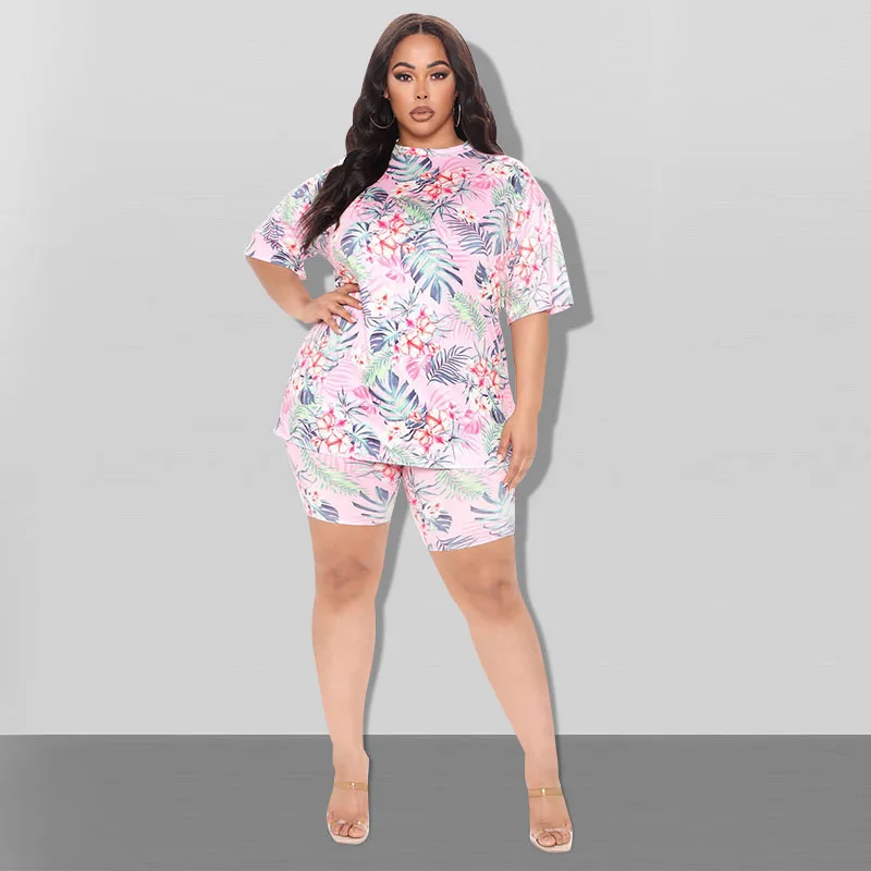 Plus Size Women's Clothing 2022 Autumn New Temperament Fashion Short-sleeved Shorts Printed Ladies Suit XL-5XL Oversized