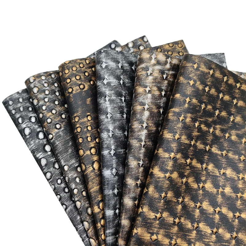 

XHT-41264 Star/Dot/Leaves Embossed Gold/Silver Antiquated Design PU Faux Leather Fabric Sheet for Making Craft/Cover/Decorative