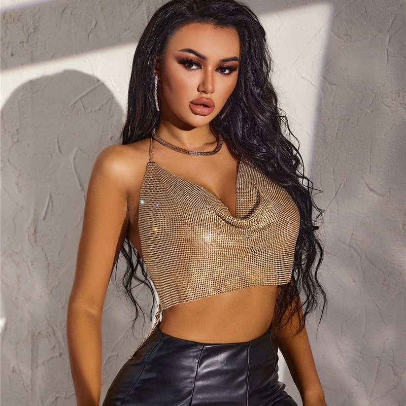 

Ingemark Luxury Sexy Full Rhinestones Aluminum Mesh Top Backless Body Chain Chest Bikini Vacation Leisure Nightclub Body Jewelry