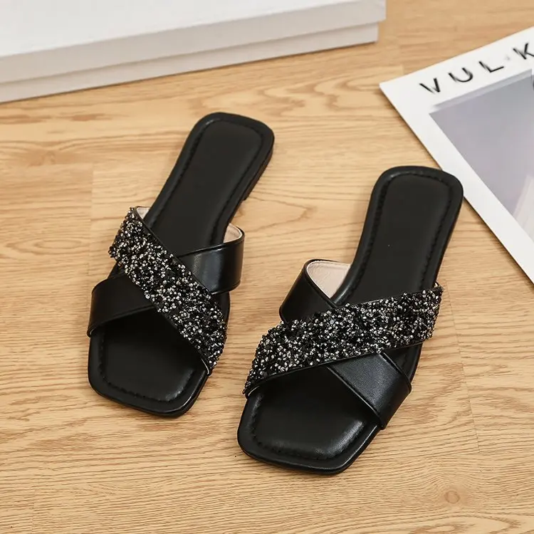 

New Women's Rubber Slippers Women's Summer 2023 Outdoor Indoor Square Toe Rhinestone Slide Fashion Comfortable Slippers Sandal