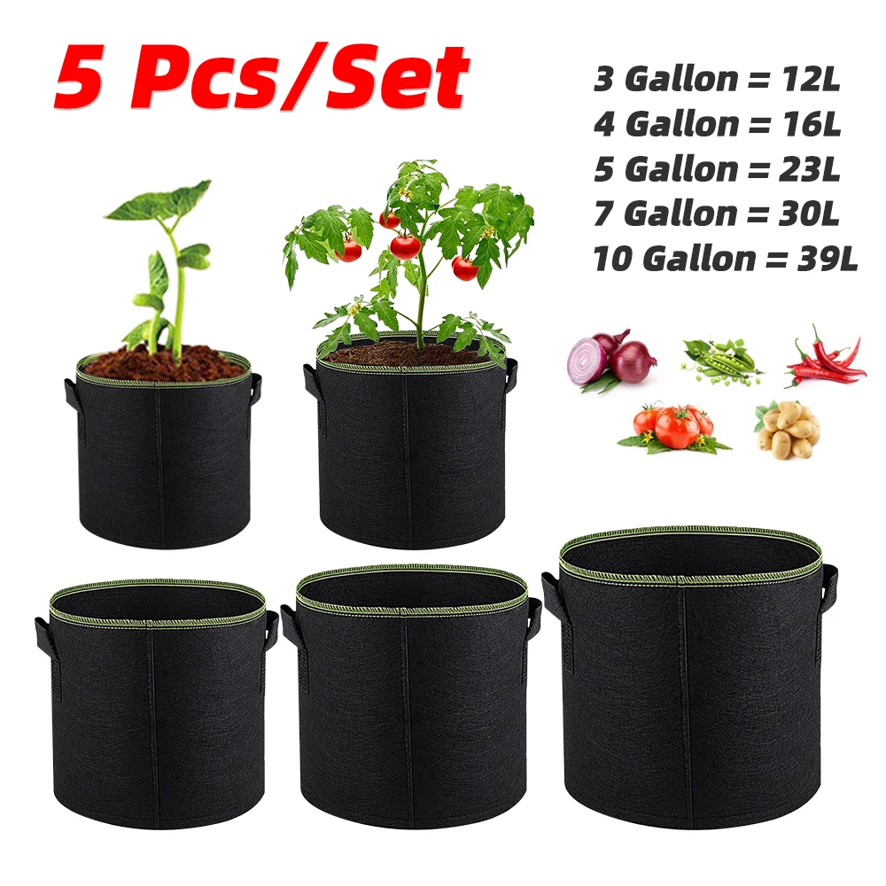 

5Pcs 3/4/5/7/10 Gallon Felt planting bag Gardening fabric Growing Pot Vegetable tomato growing pot Garden potato growing pot