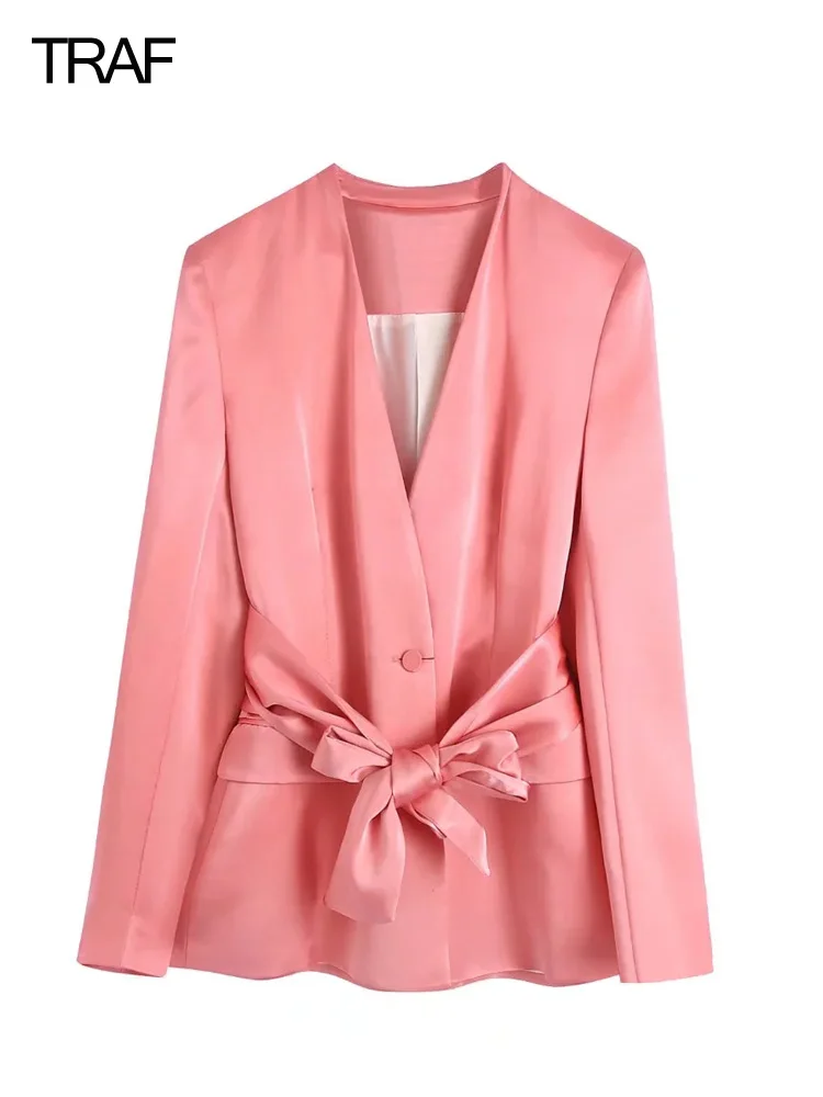 

TRAF Women's Pink Bow Tie Blazer Fashion Blazer Woman Summer 2022 Chic And Elegant Female Blazer Women's Suit Blazers And Pants
