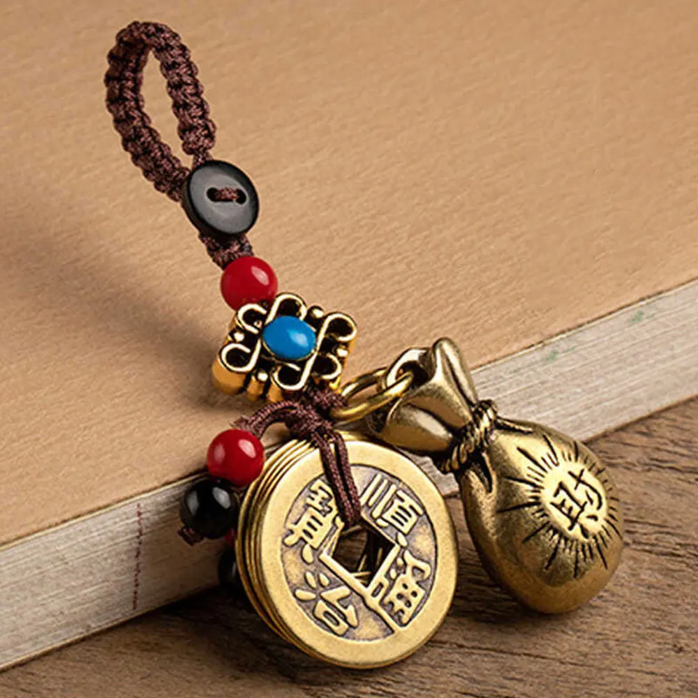 

1Pc Brass Money Bag Keychain Pendant Handmade Rope Good Luck Feng Shui Hanging Jewelry Ancient Five Emperors Coins Car Key Chain