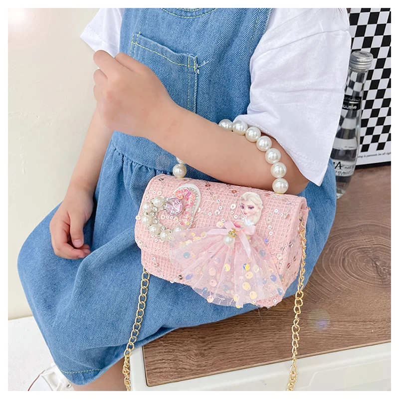 

Kawaii Frozen Disney Anime Lace Pearl Chain Little Girl Shoulder Bag Crossbody Bag Little Bear Small Square Clutch Purse Handbag