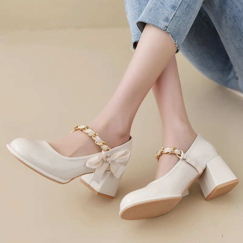 

Mary Jane Women's Shoes 2022 New Spring Bow Chain High Heels Round Toe Patent Leather British Style Casual Small Leather Shoes