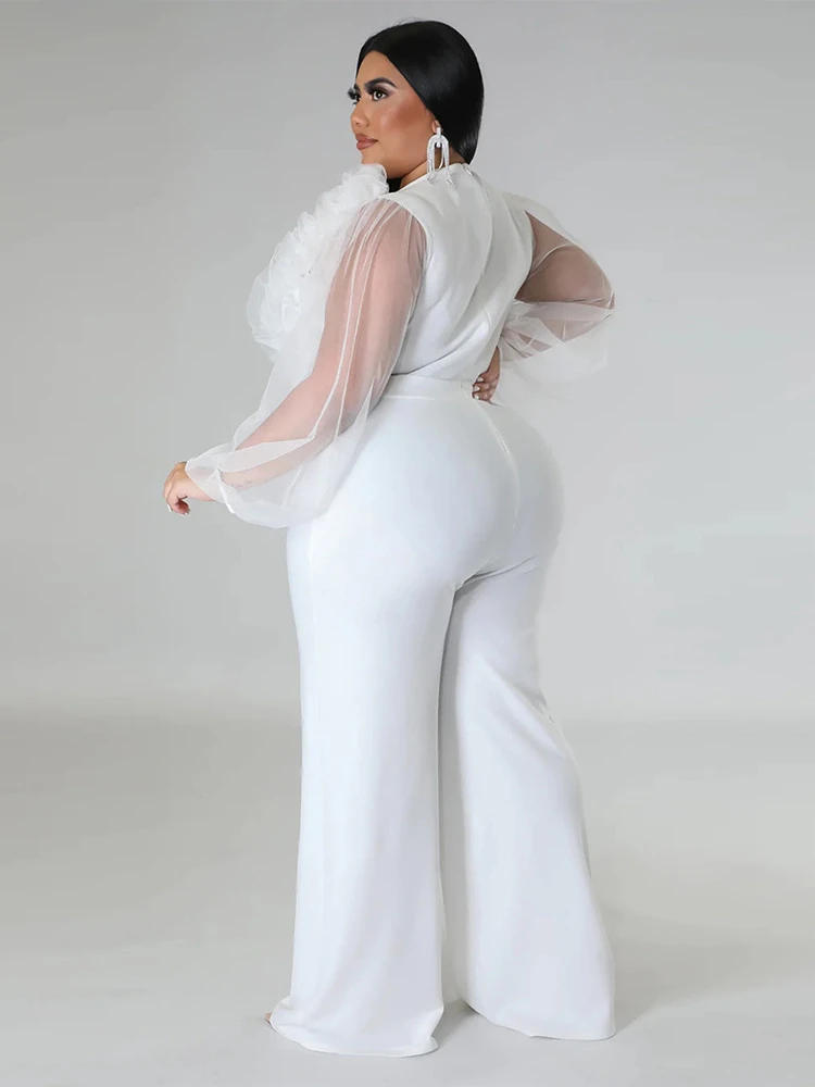 Plus Size Jumpsuits White See Through Long Sleeve Tulle V Neck High Waist Evening Party Overalls Rompers One Piece Outfits 5XL
