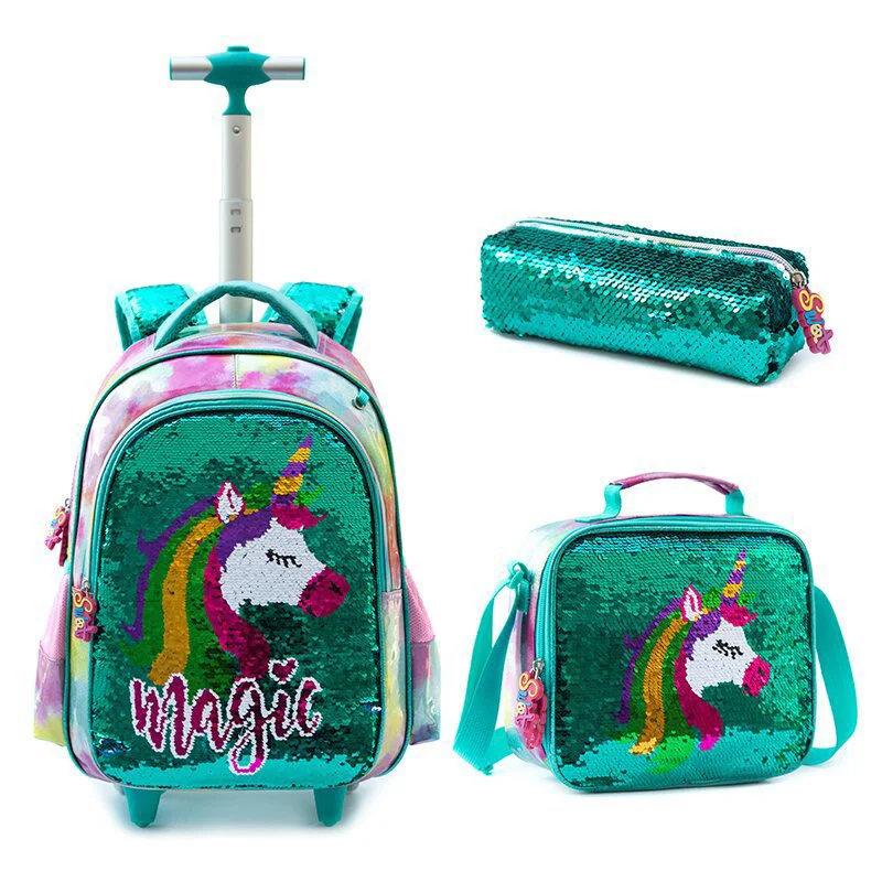 

School Rolling Backpack for Girls Primary School Backpack Bag on Wheels Children School Trolley Bag Lunch Bag Set with Wheels