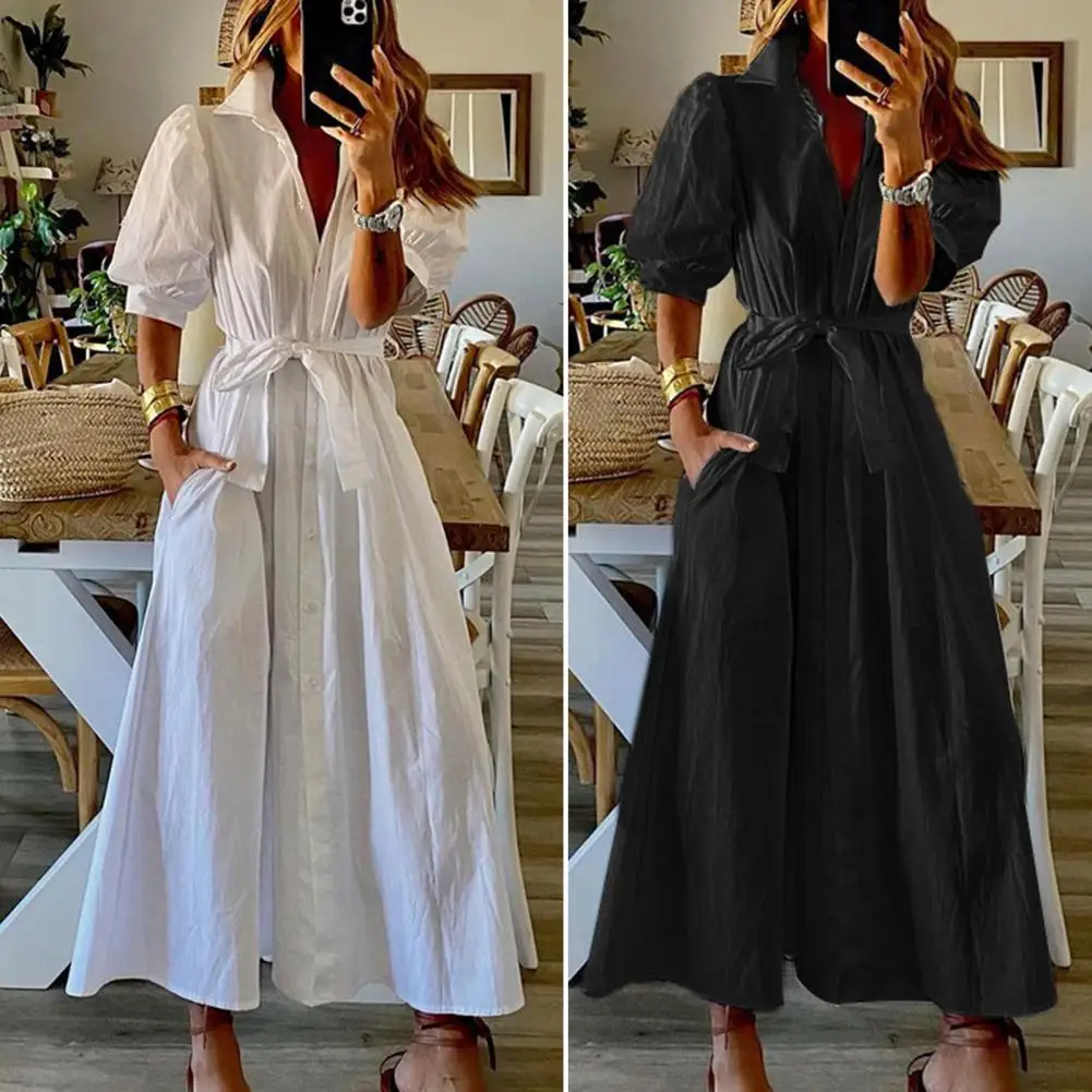 

Women Shirt Dress Turn-Down Collar Lantern Half Sleeve High Waist Lace-up Solid Color Single Breasted Female Maxi Dress