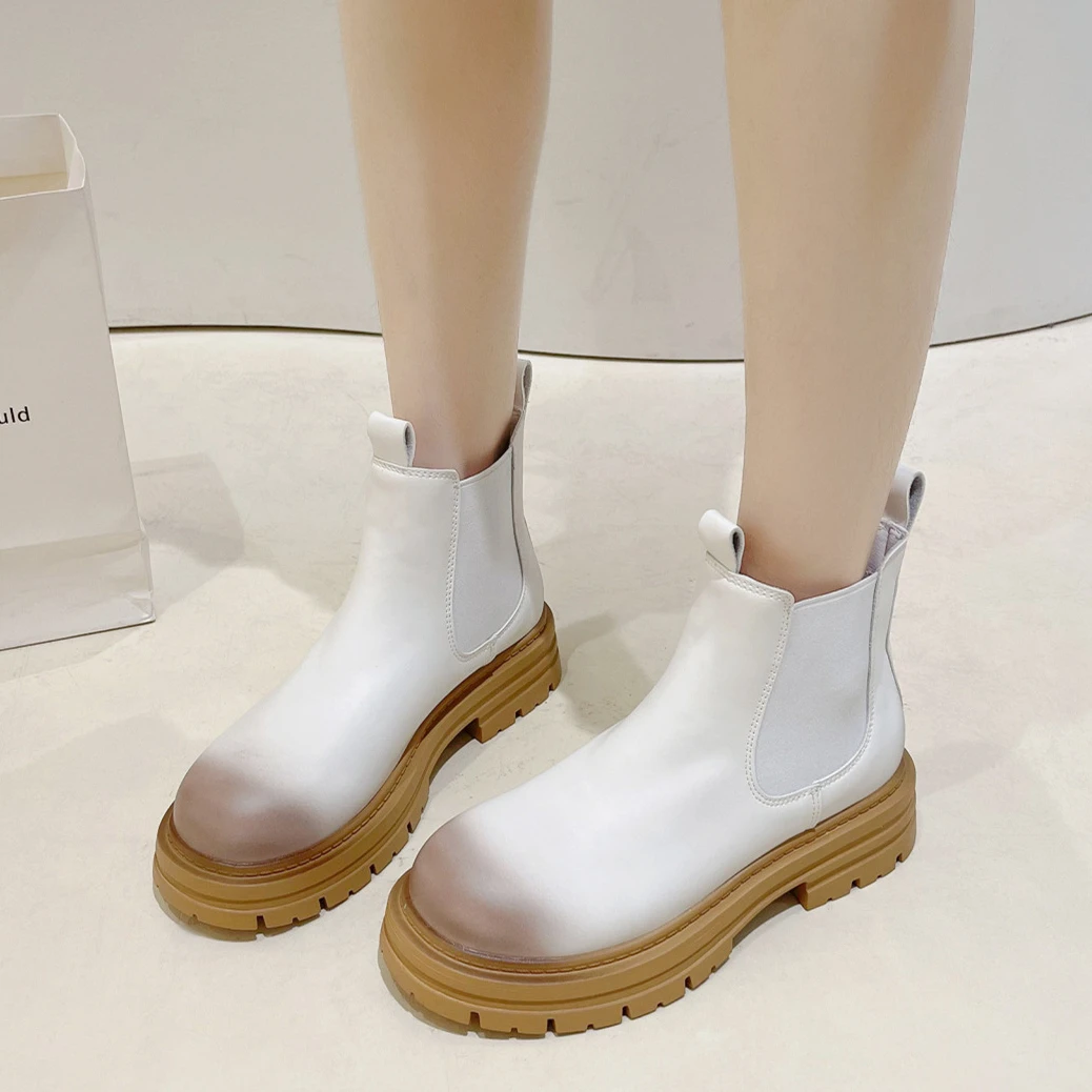 

Fashion Platform Ankle Boots Women Thick Sole Leather Chelsea Booties New Mixed Color Lady Round Toe Non Slip Shoes Botas Mujers