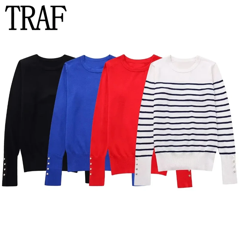 

TRAF Striped Knitted Sweater Women Long Sleeve Knit Top Female Basic Red Black Sweater Woman Autumn Winter 2023 O-Neck Pullovers