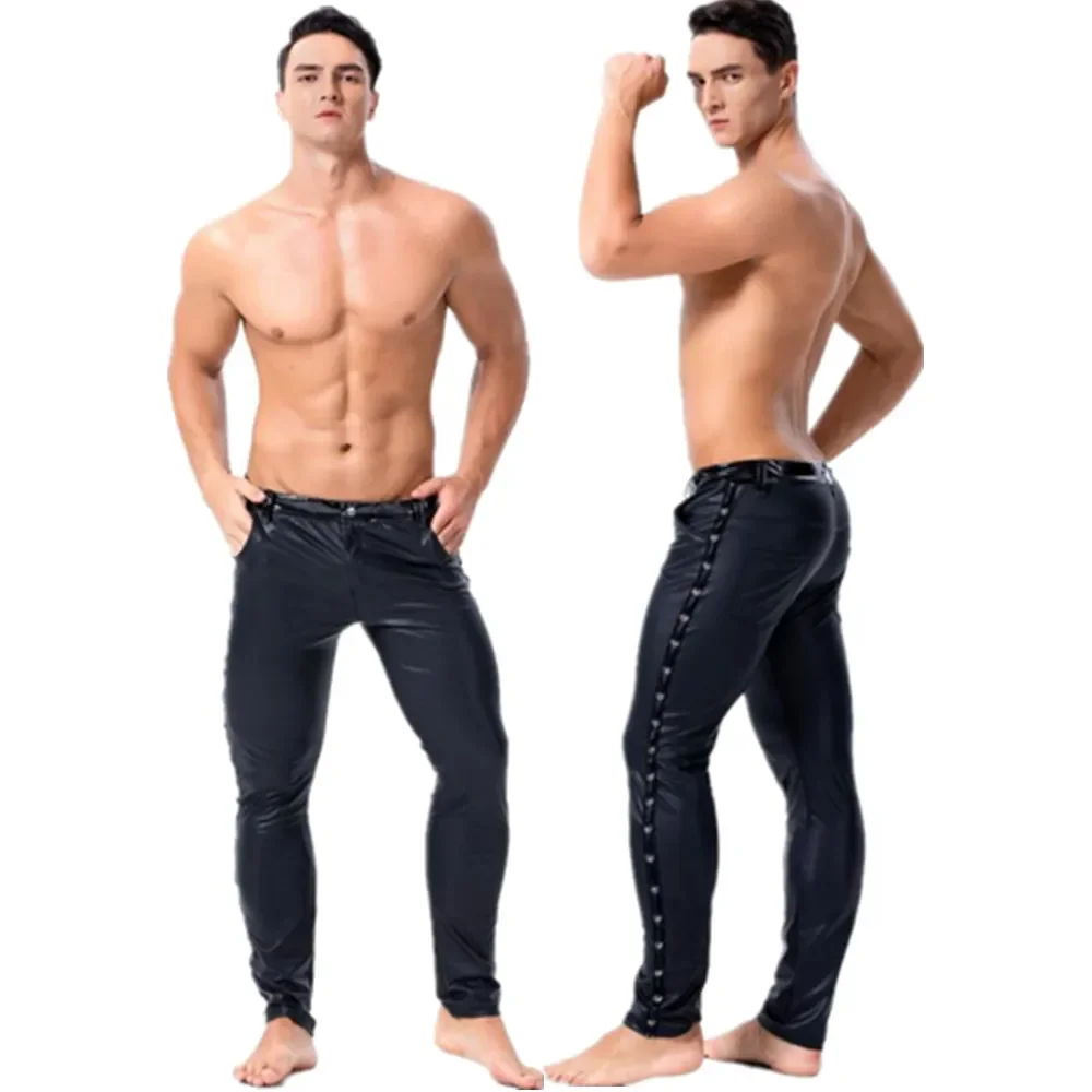 

Мужские черные ПВХ брюки из искусственной лакированной кожи Клубная одежда для сцены узкие женские сексуальные латексные длинные брюки ко...