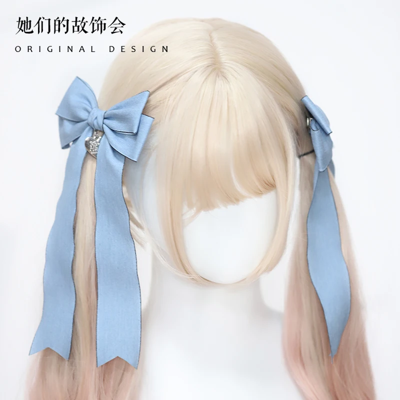 

Оригинальная японская синяя лента заколка для волос в стиле "Лолита" аксессуар для волос с большим бантом металлический зажим с сердечками для девушек