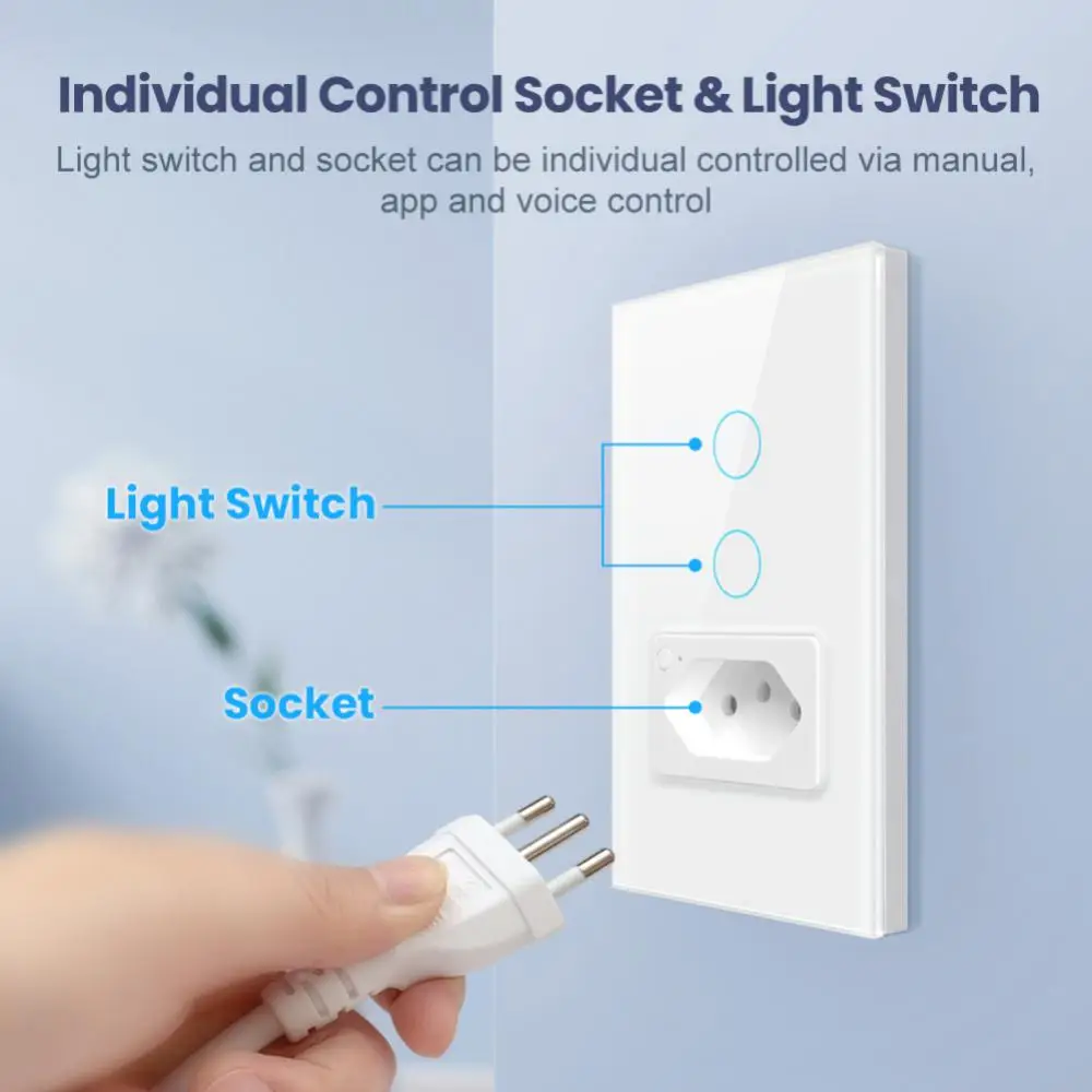 

Brazil Standard Tuya 1/2 Gang Glass Panel Plug Voice Control Smart Life Light Switch Socket Work With Alexa Google Home Tuya App