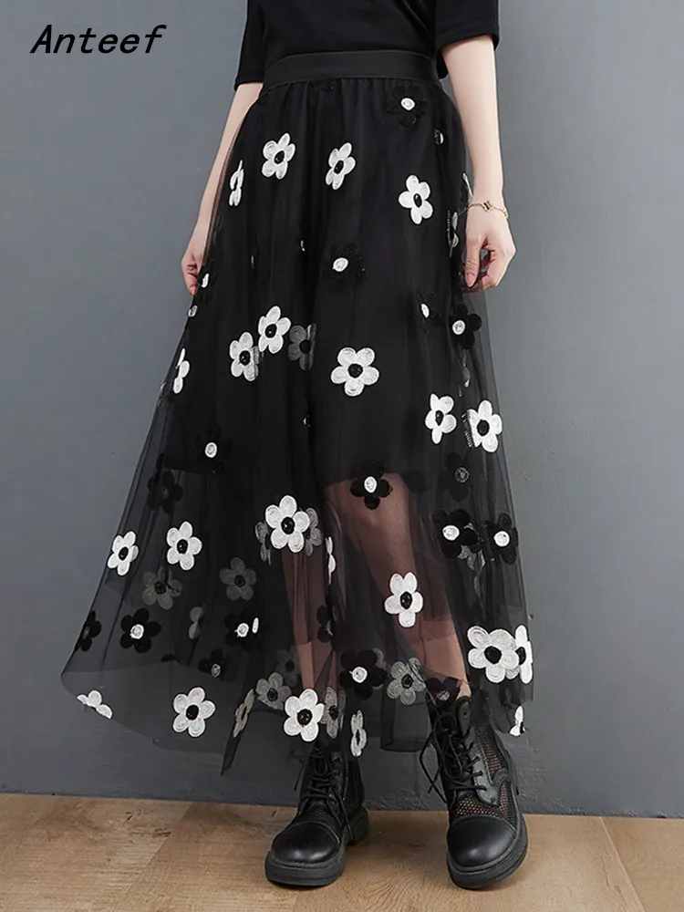 

korean style mesh plus size vintage floral high waist summer casual loose long for woman skirts womens 2022 skirt clothes