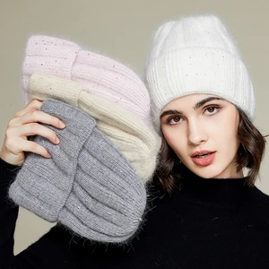 VISROVER 2022 New Winter Beanies with Sequin Rabbit Fur Autumn Bonnet Acrylic Woman Soft Warm Skullies Female Cap Wholesale