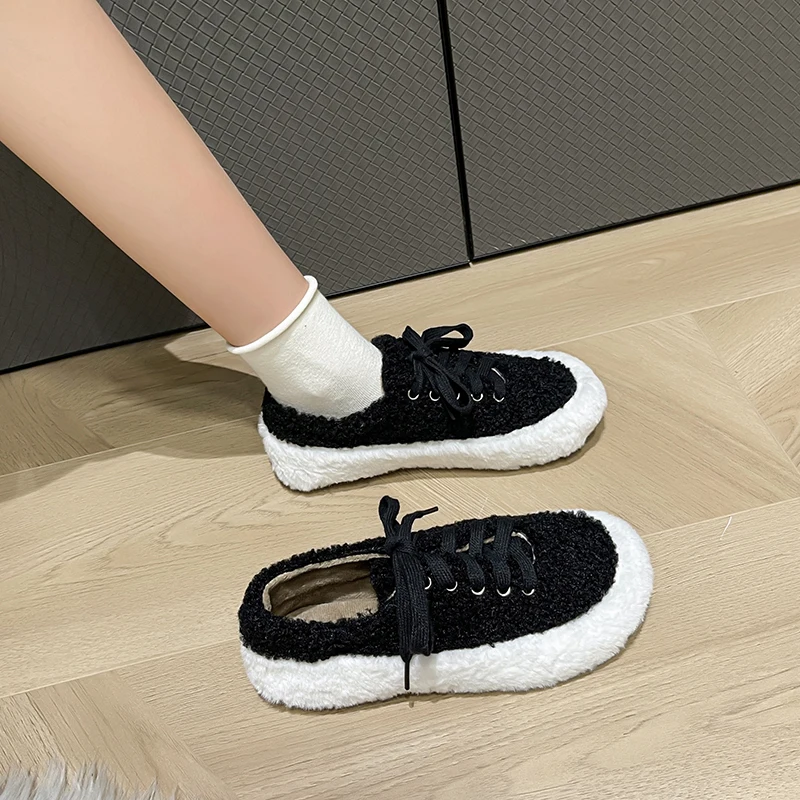 

Women Shallow Mouth Autumn Casual Female Sneakers Loafers Fur Round Toe Flat Shoes Fall Winter Dress New Solid Leisure Basic Rub