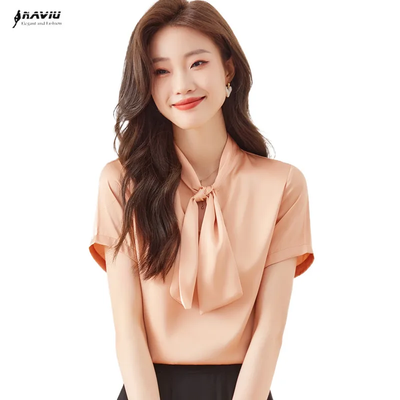 

Рубашка NAVIU женская шифоновая с коротким рукавом, элегантная формальная блузка с бантом, офисный Топ для работы, белая, оранжевая, на лето