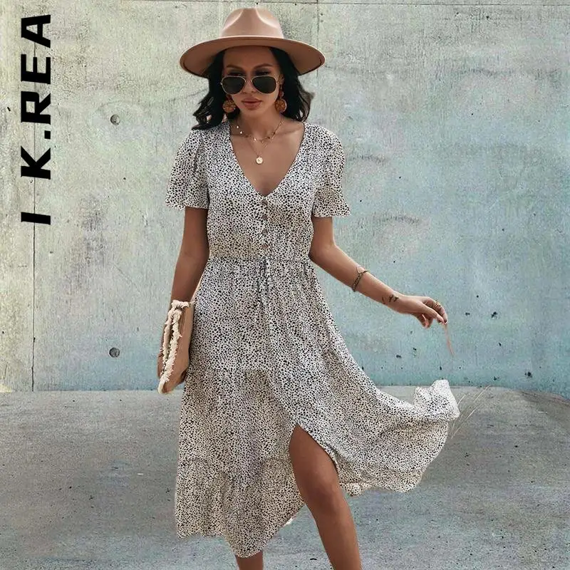 

I K.Rea Dress Fashion Women Chic Robe V Neck Draw String Button Dress Outfits Korean Leisure Women Clothing Vestidos Female