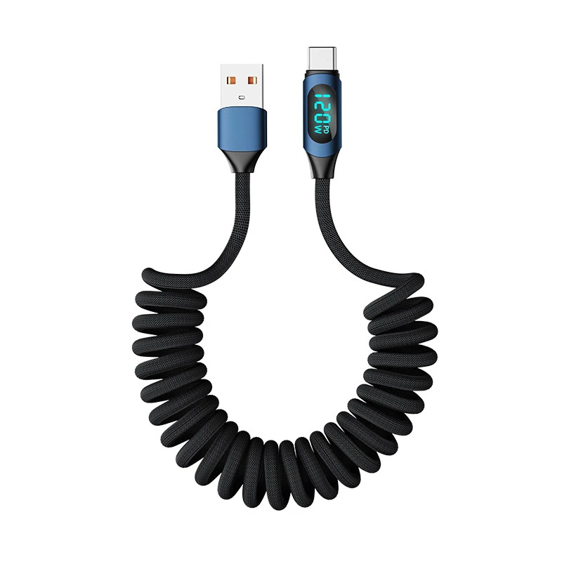 6A Пружинный USB-кабель для быстрой зарядки типа C, шнур для быстрой зарядки 120 Вт, цифровой дисплей, нейлоновая оплетка USB C для iPhone 17, провод Android (art.: 3920d2ea9c83f) - 3920d2ea9c83f