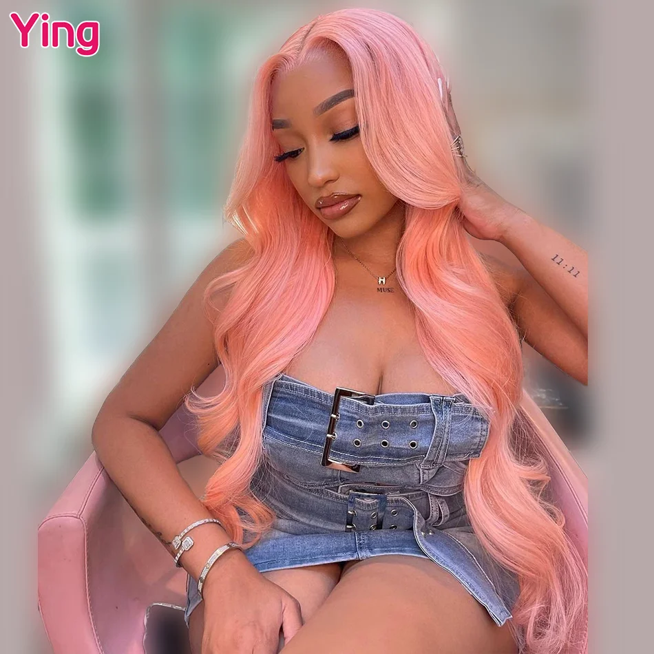 

Ying Hair Peach Pink Colored Body Wave 13x6 Lace Frontal Human Hair Pre Plucked Wigs Remy 613 Blonde 12A 13x4 Lace Front Wig
