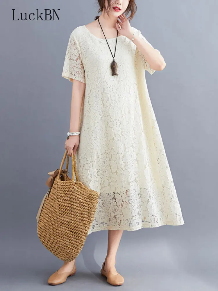 

Lace Boho Spring Summer Long Dress Women Clothing Vintage Ladies Dresses Casual Woman White Black Pink Korean Dress Vestidos New
