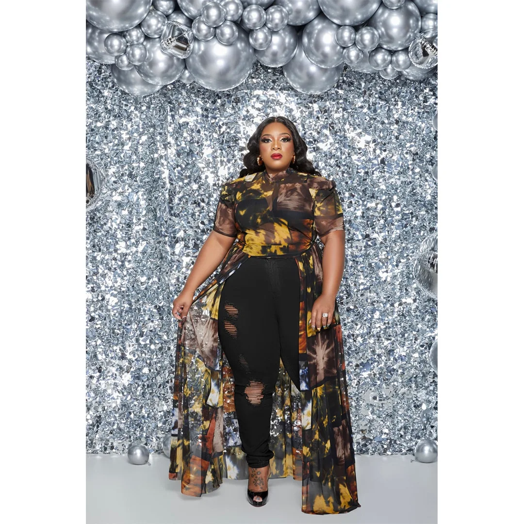 Plus size sheer mesh print long dress top short pleated sleeve fashion matching vestidos night party club female clothings 2022