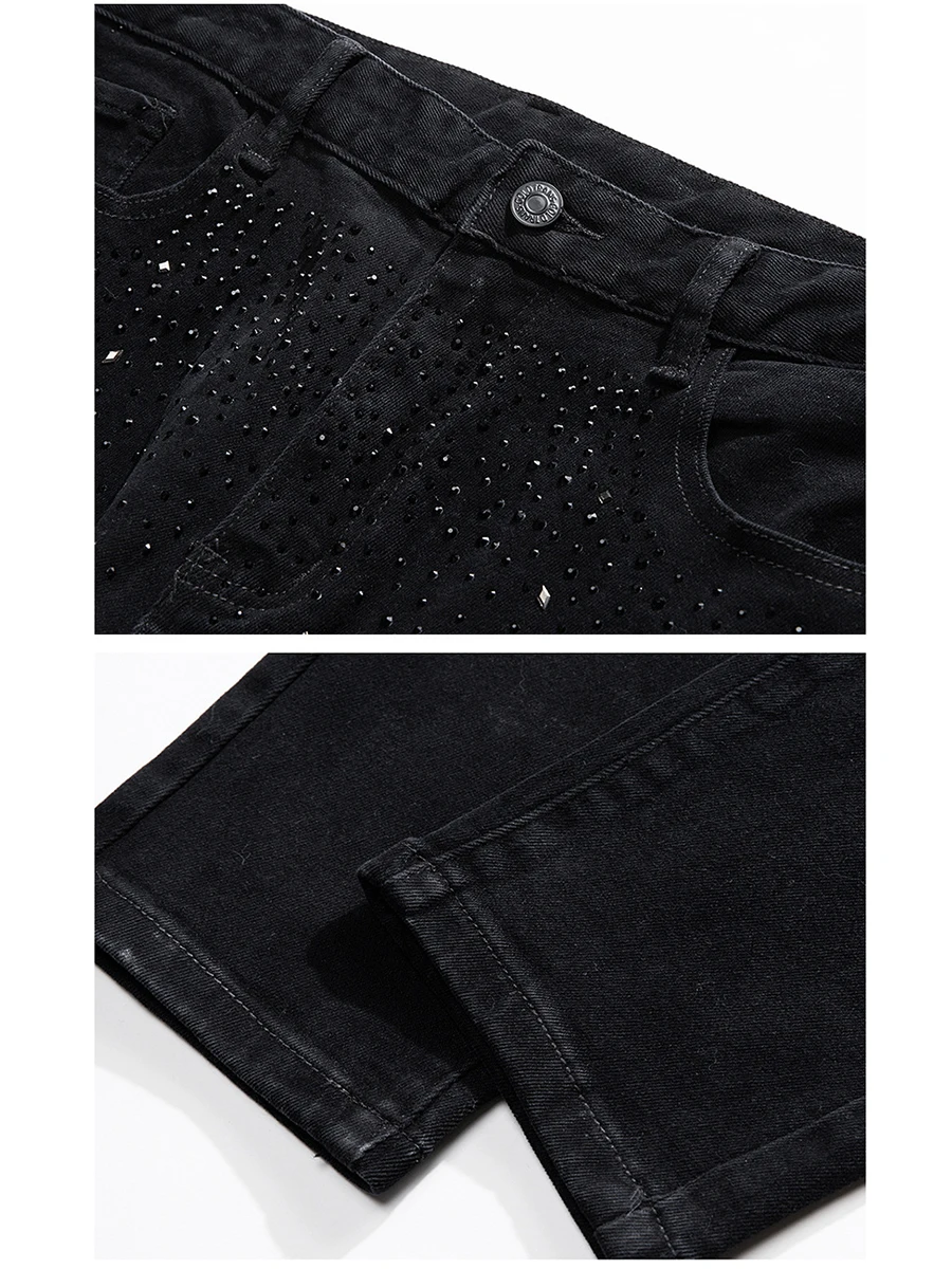 European and American High Street Starry Black Jeans Men Elastic Loose Straight Tube Hot Drill Trousers Fashion Men Ins Hot Sale