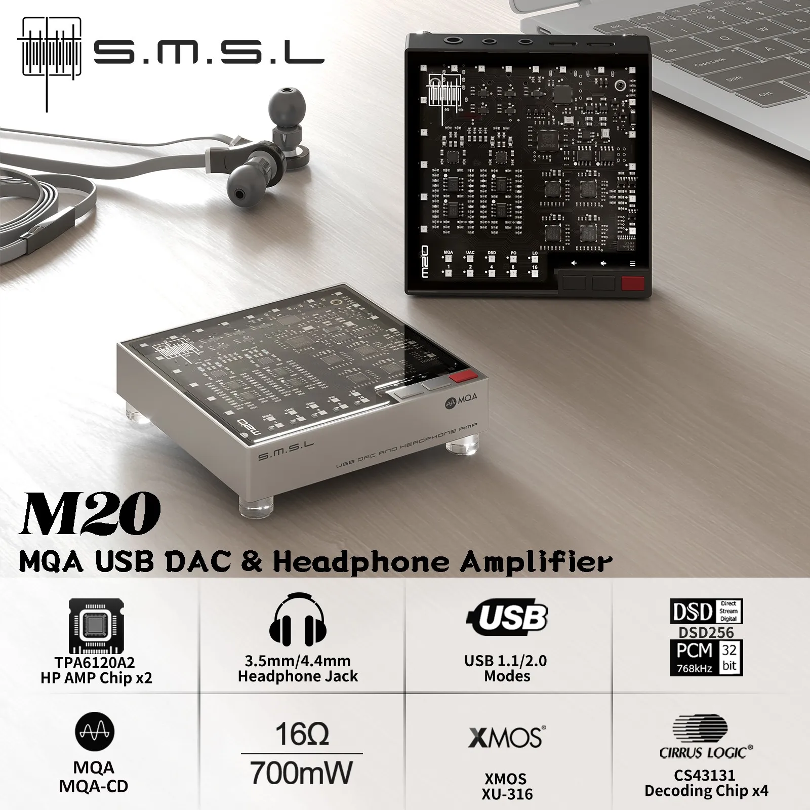 Фото SMSL M20 Hi-Res игровой аудиодекодер с 4-мя чипами ЦАП CS43131, XU316, MQA, USB 1.1/2.0, выход 3.5 мм/4.4 мм, усилитель для наушников 700 мВт №2