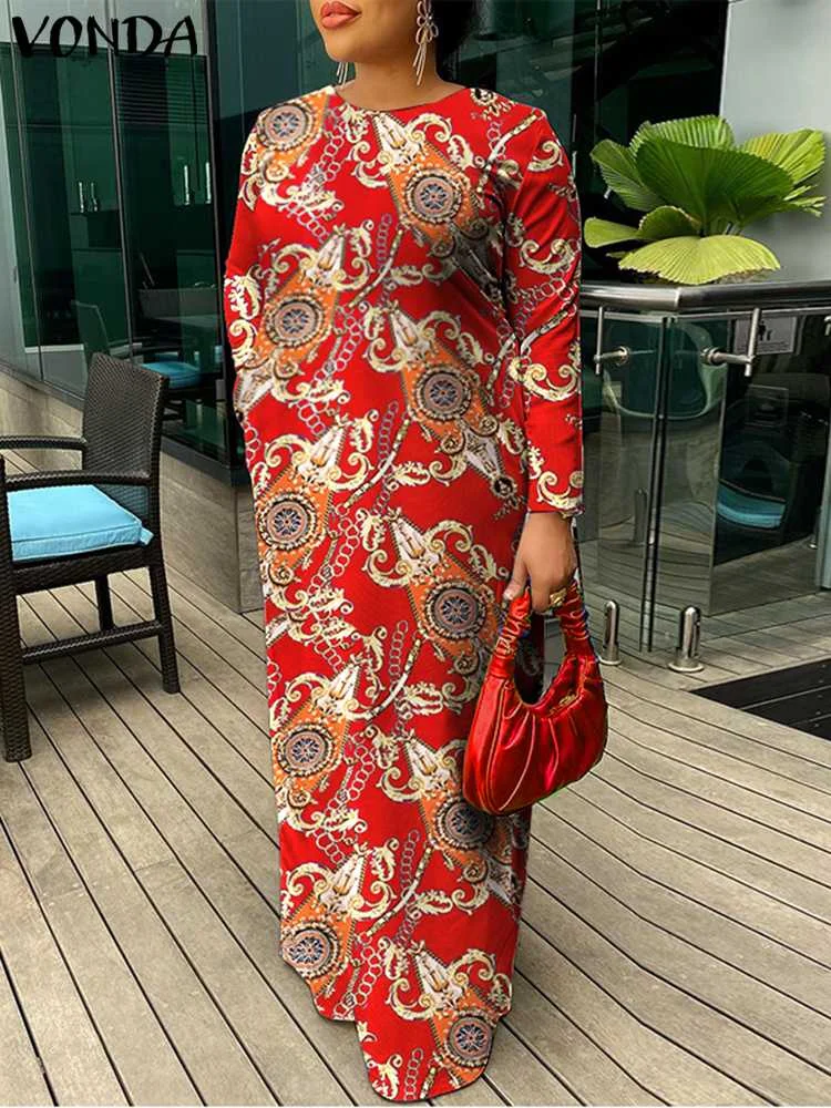 

VONDA Women Bohemian Sundress 2022 Autumn Long Sleeve Floral Printed Baggy Holiday Maxi Dresses V Neck Casual Loose Kaftan Robe