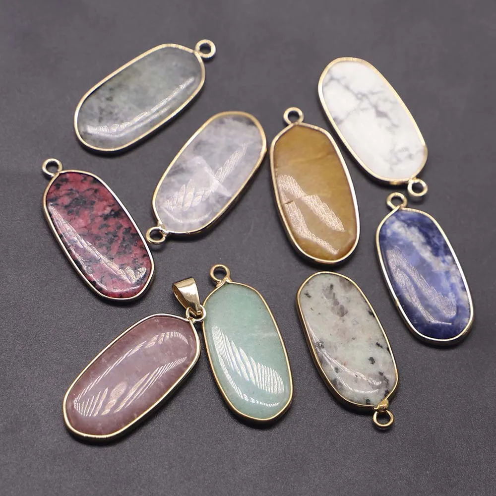 Natural Stone Crystal Agate Multicolor Oval Plane Gilt Edge Pendant Necklace Reiki Charms DIY Jewelry Accessories Wholesale 8Pcs