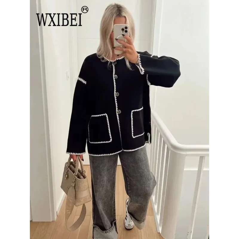 Женская модная контрастная свободная шерстяная куртка с карманами пальто