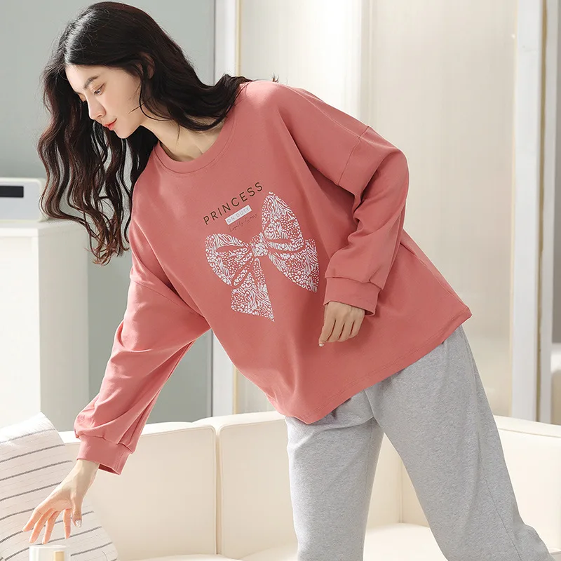 Yasuk Spring Autumn Fashion Women's Casual Lovely Cotton Pocket Sleepwear Homewear Simple Pajamas With Pants Sweet Princess Bow
