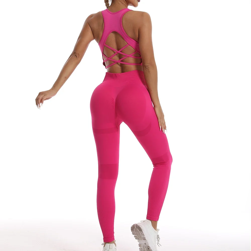 Женский однотонный бесшовный спортивный костюм из двух предметов