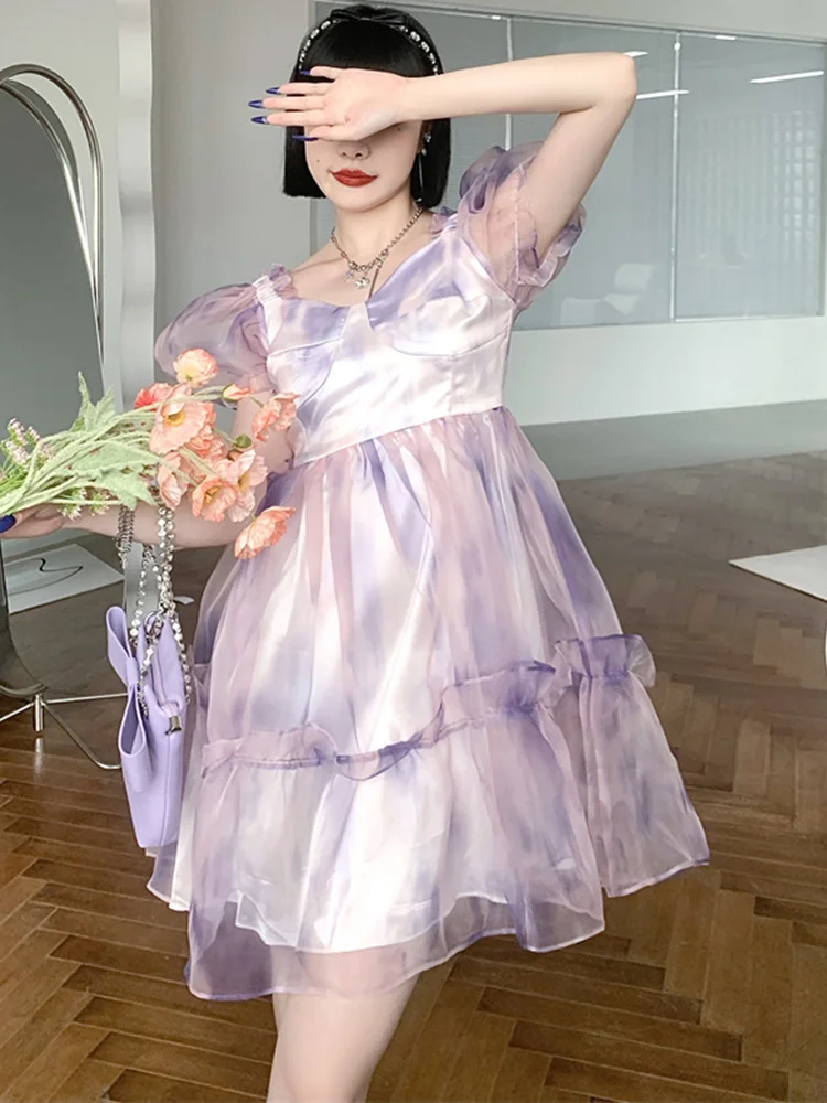 

Mesh Bubble Short Sleeve Dress For Women Light Purple Square Collor Printing Puff Dresses Female 2022 Summer G213