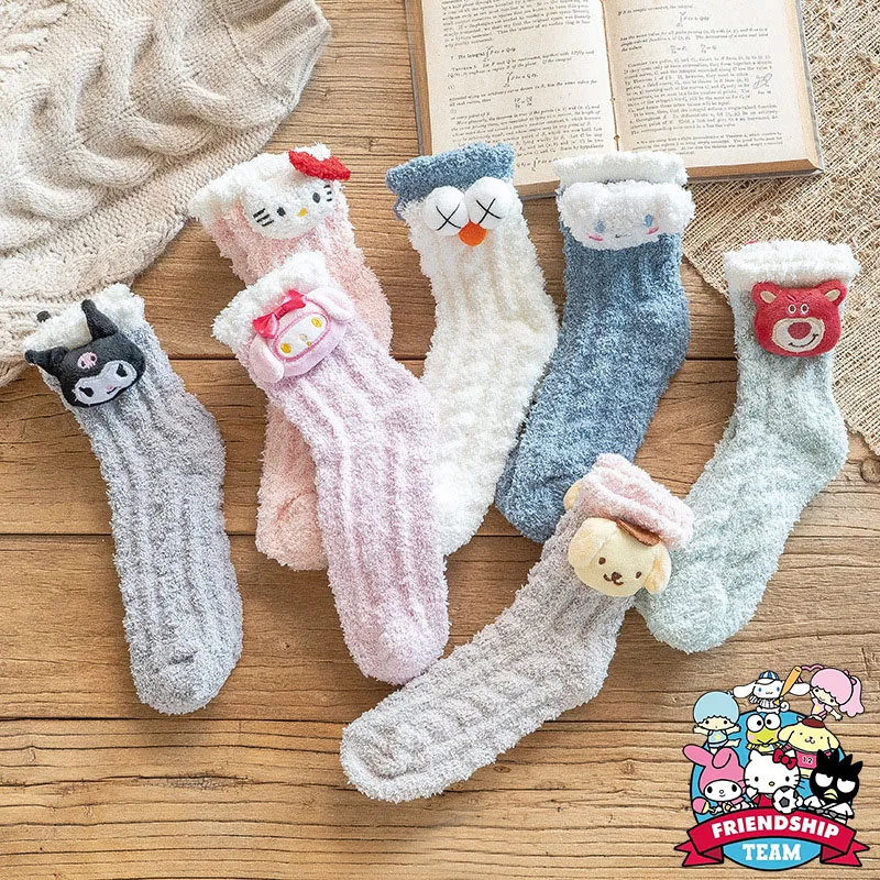 

Kawaii Sanrio Girls Socks Cinnamoroll Hello Kittys Kuromi My Melody Cute Cartoon Coral Fleece Warm Floor Socks Y2K Gift for Kids