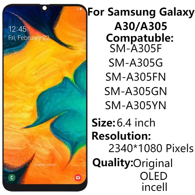 

ЖК-дисплей 6,4 ''для Samsung Galaxy A30 A305, ЖК-дисплей с рамкой A305FN A305G A305GN A305YN, сенсорный ЖК-экран с дигитайзером в сборе