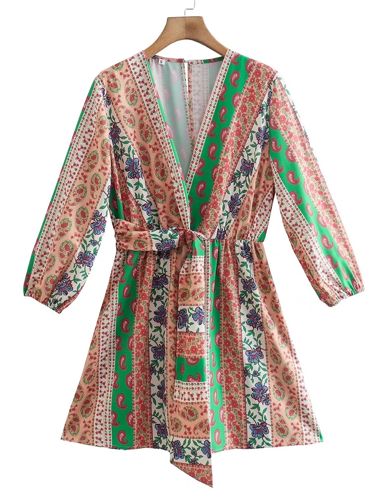 

Женское винтажное платье составного кроя с цветочным принтом и длинным рукавом