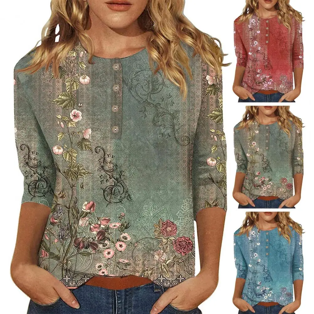 

Women Fall Top Flower Print Vintage Three Quarter Sleeve Buttons Decor Blouses Floral Shirts Lady T-shirts Top Female Clothing