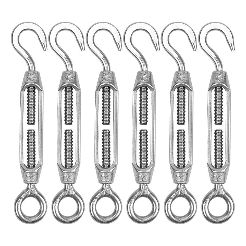 

6 Pcs Turnbuckle Wire Tensioner M4 Adjustable Turnbuckle Stainless Steel Hook Eye Rope Cable Tension For Garden