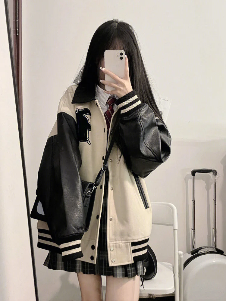 

2023 Spring Contrast Color Women Baseball Jacket Korean Fashion Loose Casual Streetwear Tops New Japanese Turn Down Collar Coat