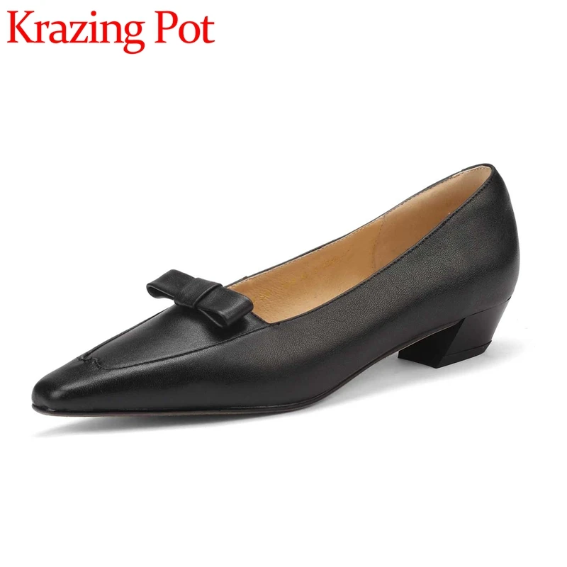 

Krazing Pot Full Grain Leather Small Square Toe Med Heel Butterfly-knot French Elegant Beauty Lady Dress Slip on Women Pumps L13