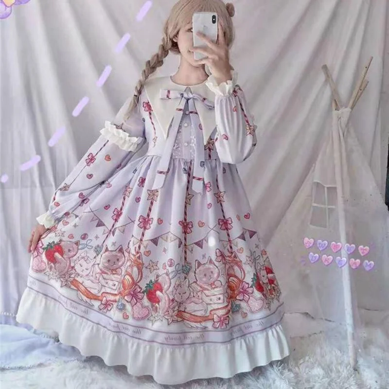 

Alice In Wondeland Cute Women Lolita OP Dress Flouncing Lace Trim Japanese Harajuku Long Sleeves Doll Teen Dress Fairy Vestidos