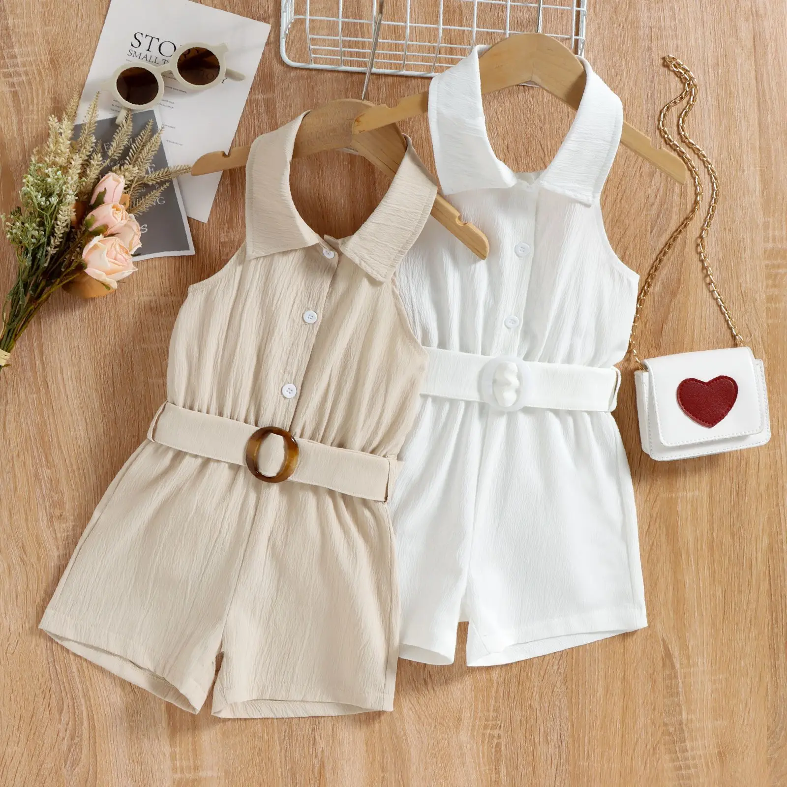 

Summer Fashion Girl Infant Kids Clothes Hanging Neck Crepe De Chine Cotton Jumpsuit Shorts+Belt Europe America Sets 2Pcs 2-7T