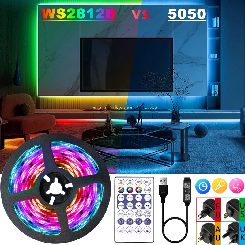 

Светодиодная ленсветильник WS2812B RGB 5050 1-30 м Bluetooth USB Диодная Гибкая лампа лента Радужный эффект фоновый свет DC5V с адаптером