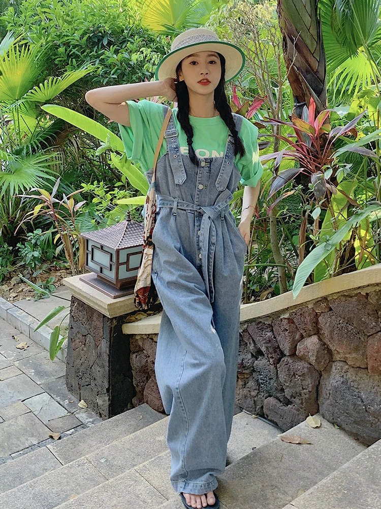 

Korean Style Loose Long Length Denim Jumpsuits for Women Romper with Belt Buckle Closure Quality Lady Pants