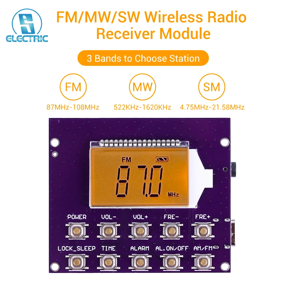 FM Wireless Radio Receiver Module MW/SW 87-108MHz Station Auto Storage 4.75-21.85MHz Digital Clock LED Display DC 3.7V